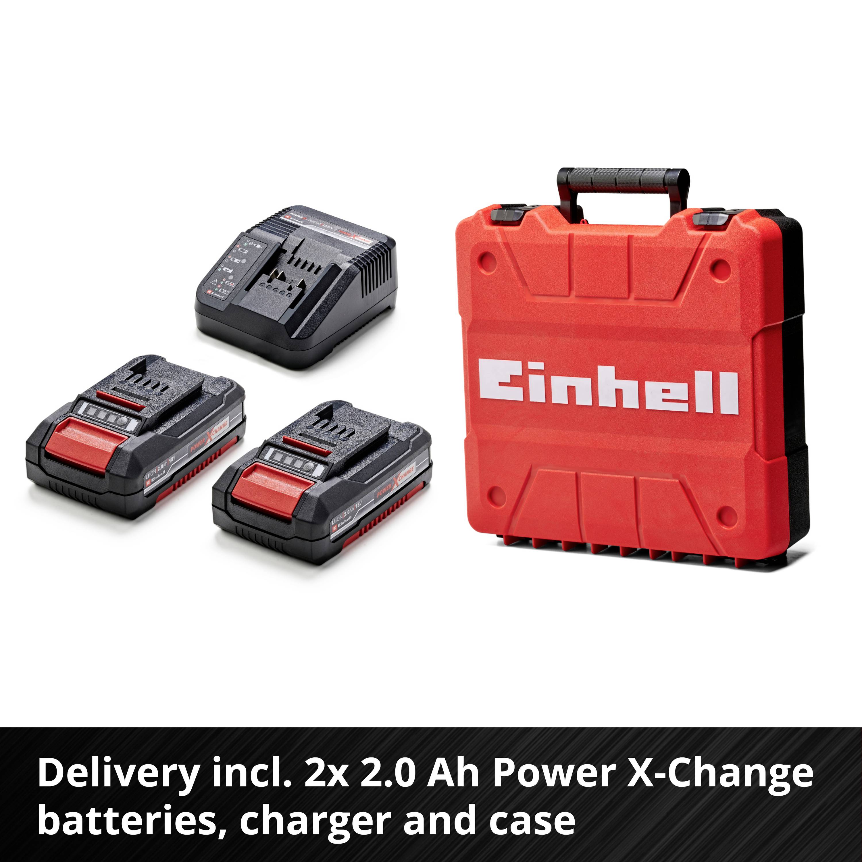 La livraison comprend deux batteries de 2,0 Ah, un chargeur et un coffret rouge de la marque Einhell.
