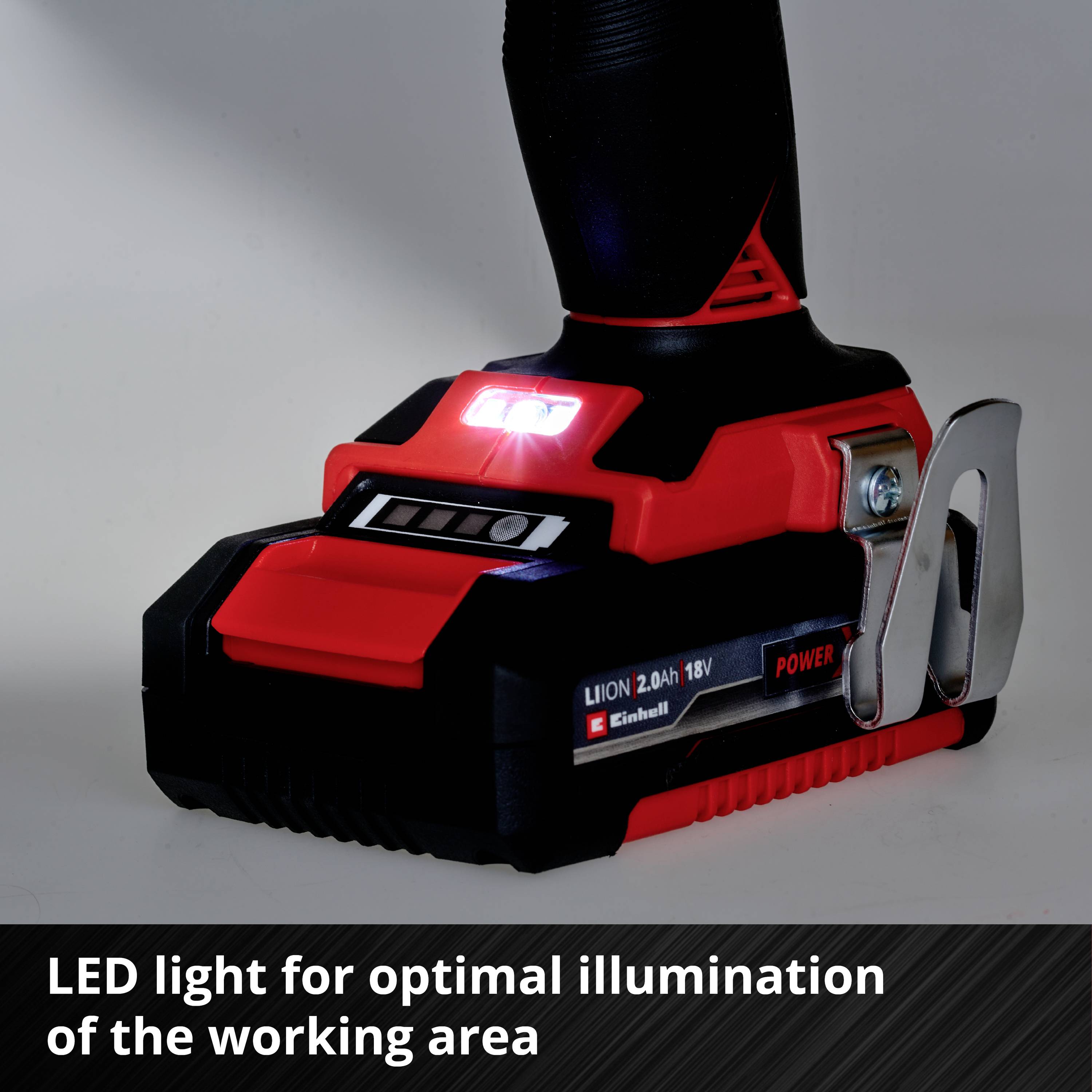 Un tournevis-perceuse sans fil avec lumière LED éclairant le sol. Texte sur l'image : 'Éclairage LED pour un éclairage optimal de la zone de travail'.