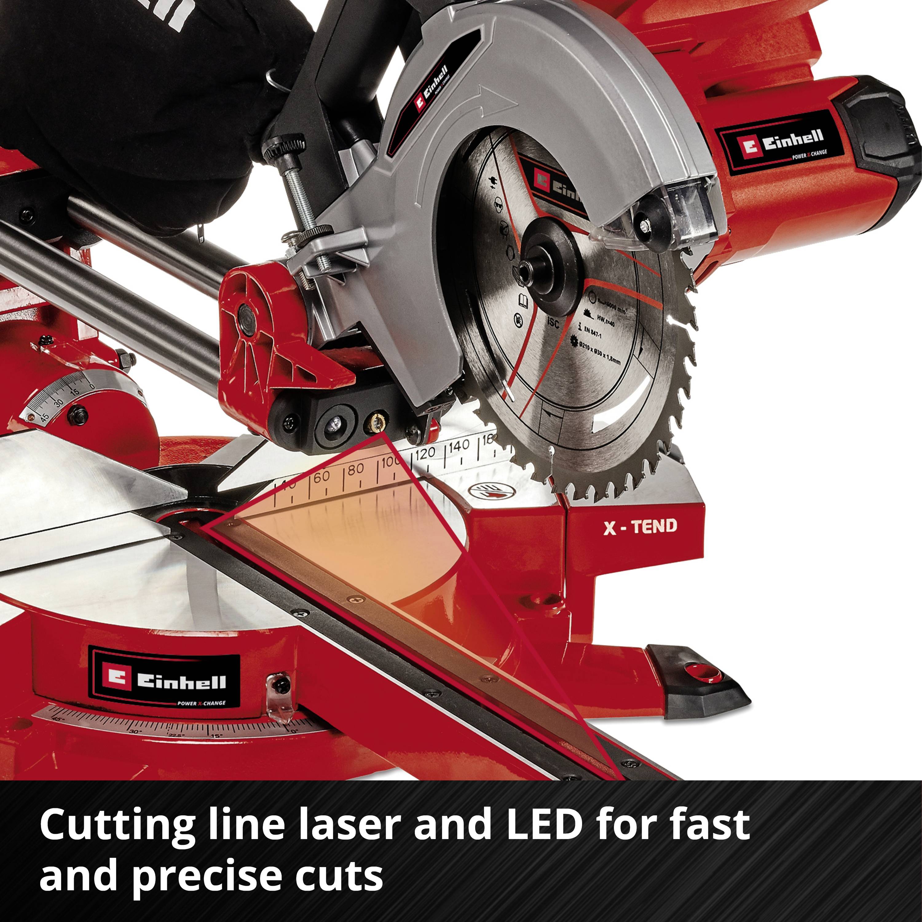 Une scie circulaire rouge de la marque Einhell avec une lame de scie visible et une échelle d'angle. Texte : « Laser de ligne de coupe et LED pour des coupes rapides et précises ».