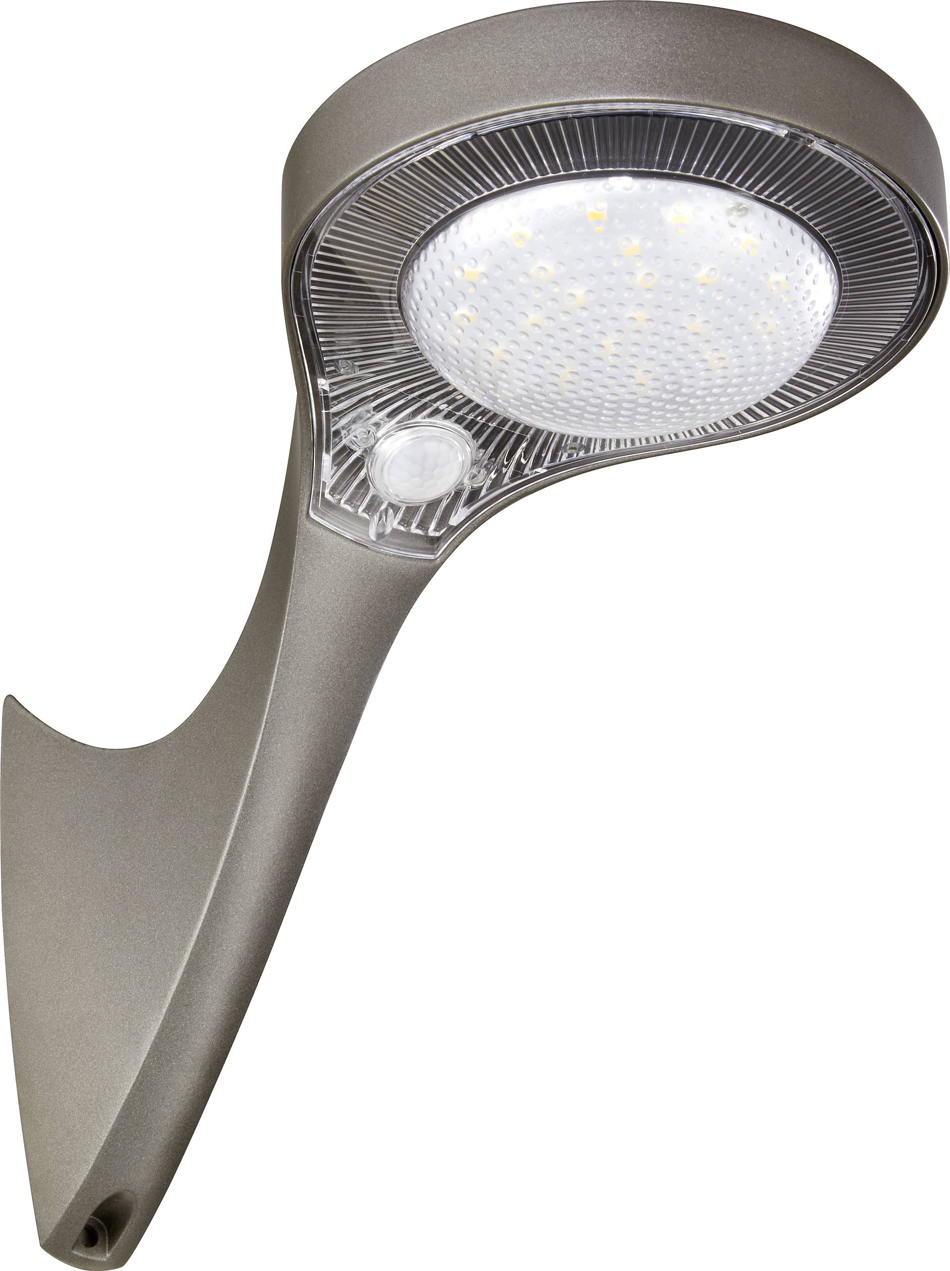 Applique murale extérieure moderne en métal au design arrondi. Intègre des LED et un détecteur de mouvement. Idéale pour l'éclairage de jardin ou de cour.