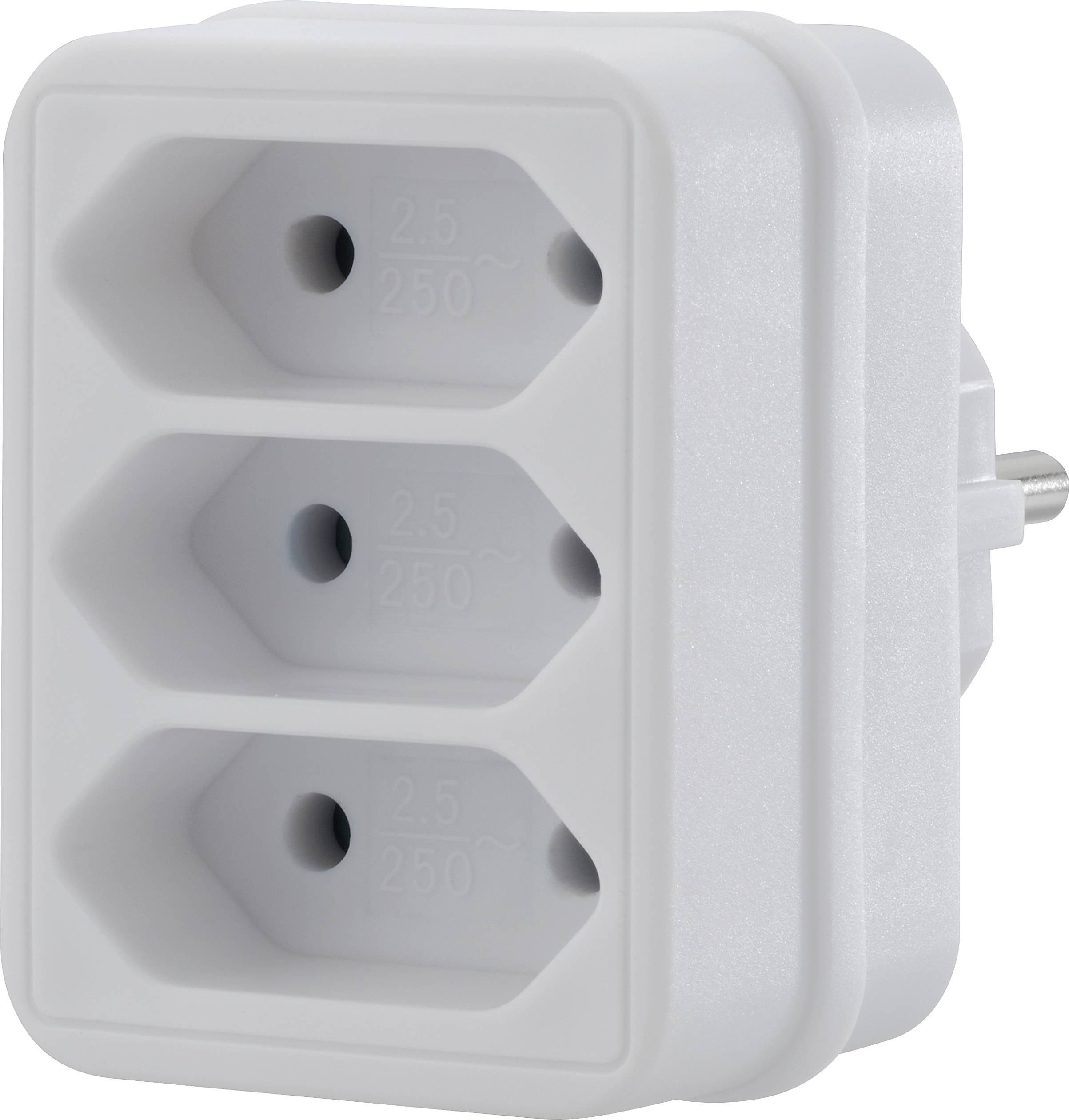 Barrette multiprises blanche avec trois prises verticales, adaptée aux fiches jusqu'à 250V.