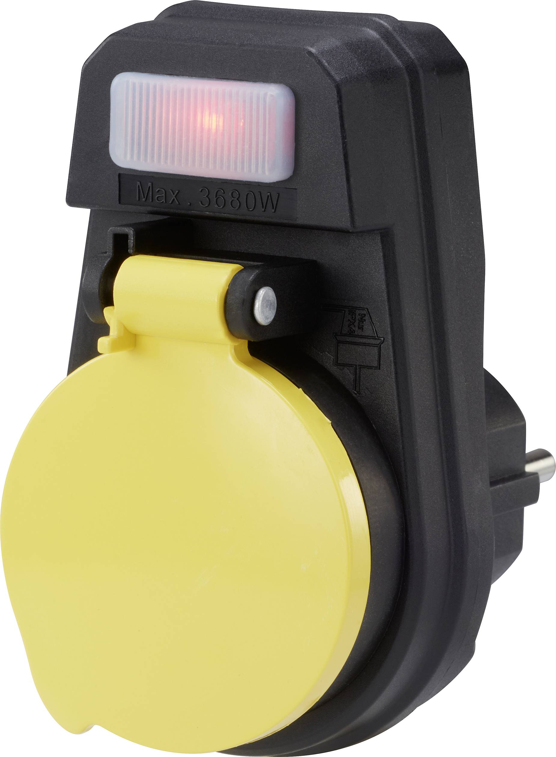 Prise jaune avec boîtier noir, adaptée pour une puissance maximale de 3680W. Le voyant rouge indique le flux électrique.