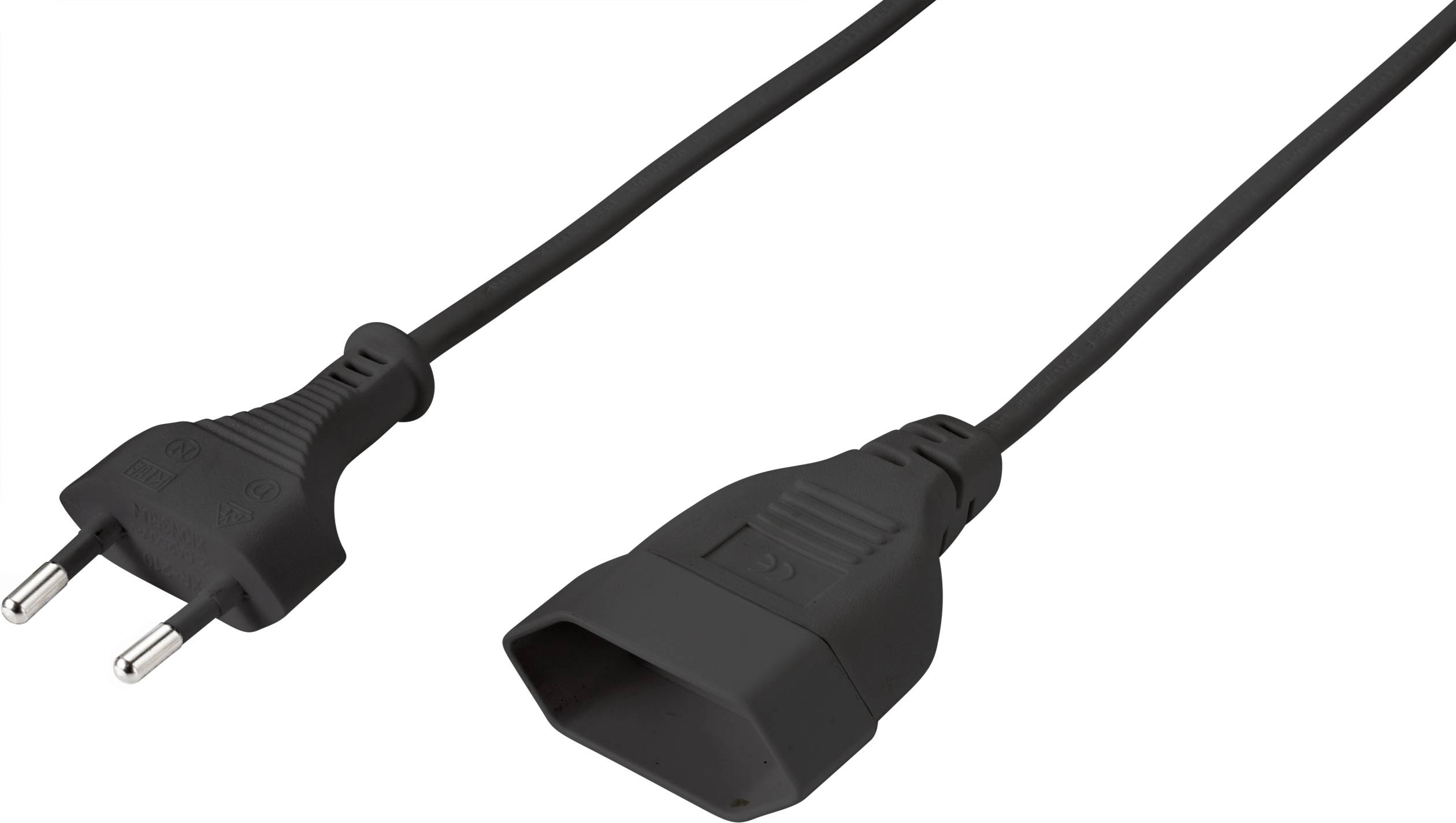 Câble réseau noir avec fiche européenne et couplage femelle IEC-C13, couramment utilisé pour les ordinateurs et les moniteurs, sur fond blanc.