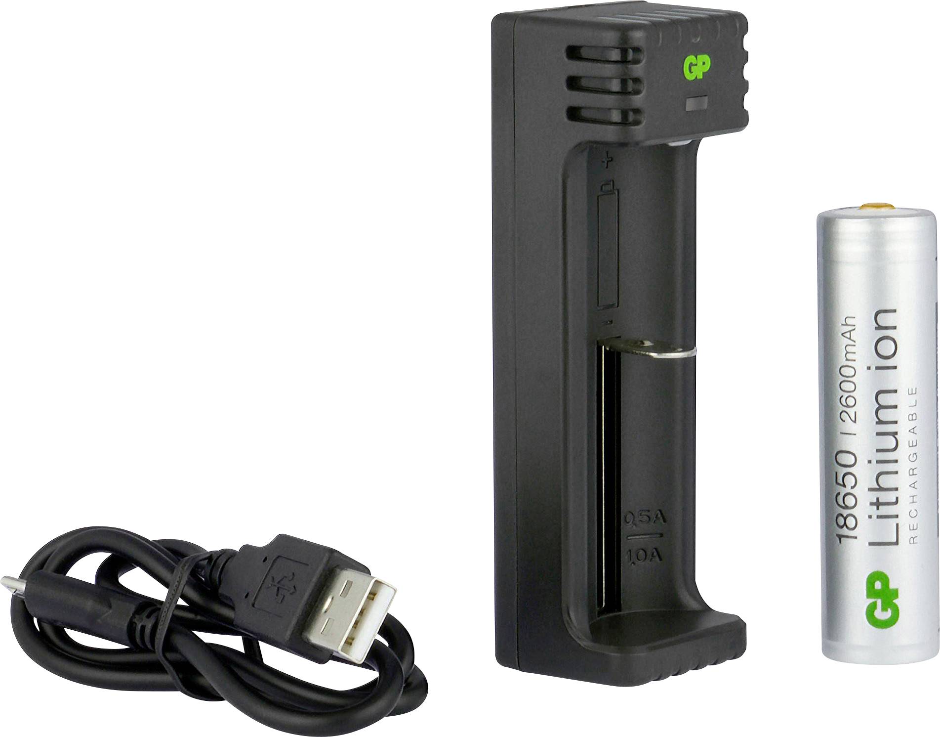 GP Batteries L111 Chargeur de piles rondes Li-ion 26650, 26500, 25500, 22650, 21700, 20650, 18700, 18500, 18650, 18490, 18350