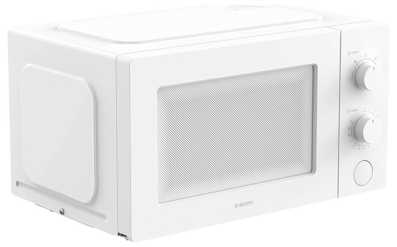 Four micro-ondes blanc avec deux boutons rotatifs sur le côté droit.