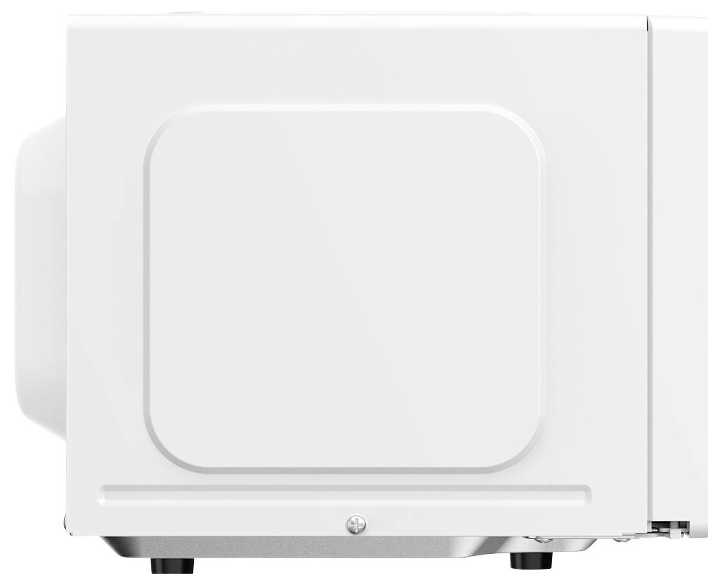 Vue latérale d'un micro-ondes blanc au design épuré, mettant l'accent sur des formes minimalistes et des lignes nettes.