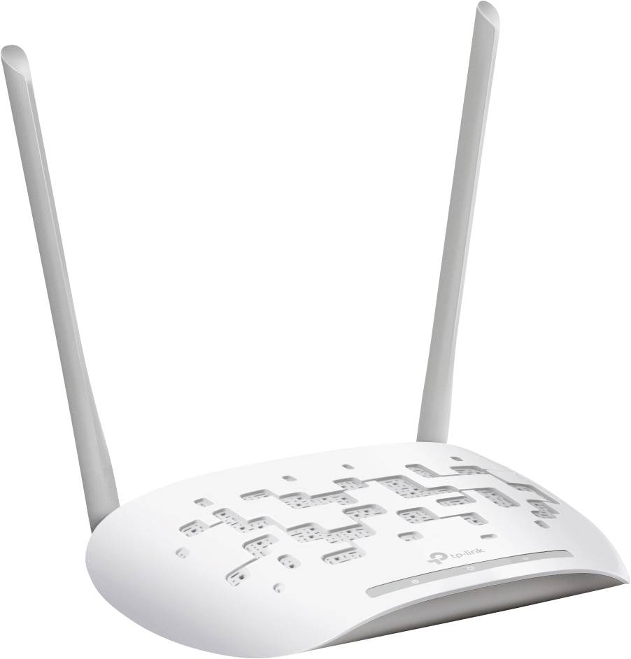 Un routeur Wi-Fi blanc avec deux antennes verticales. L'appareil présente de nombreuses fentes de ventilation et un logo sur la face avant.