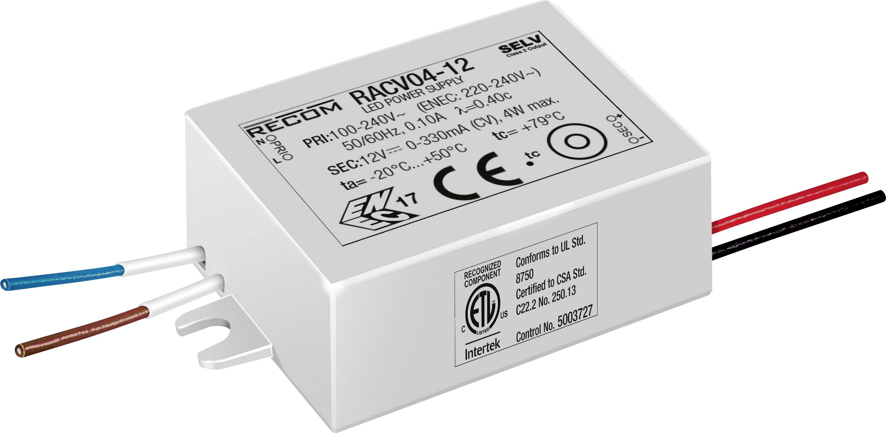 Un appareil électronique rectangulaire avec des étiquettes sur le dessus, montrant des spécifications techniques et des connexions avec des câbles.