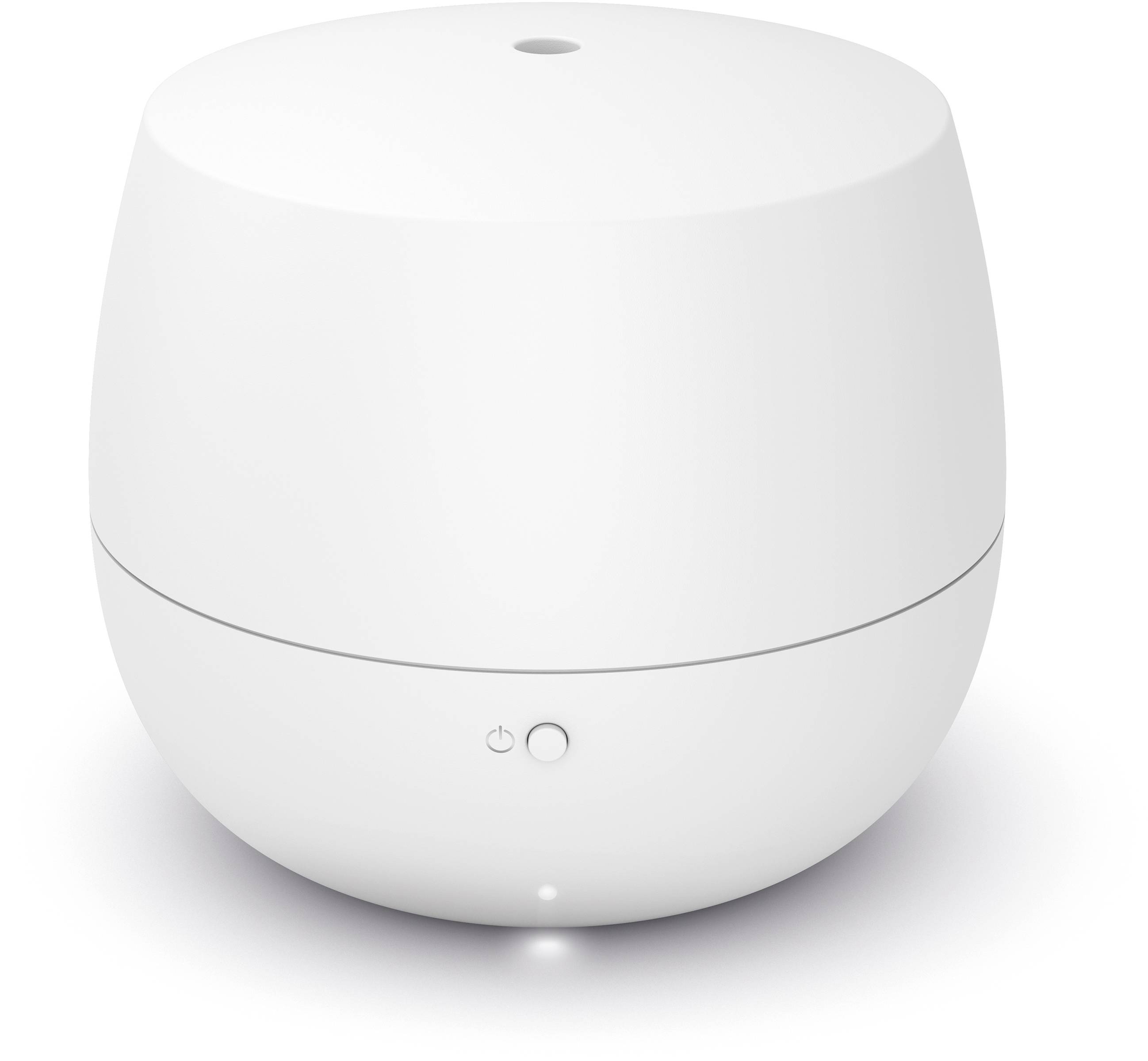 Un humidificateur blanc, cylindrique, à surface lisse, avec un interrupteur sur la façade.