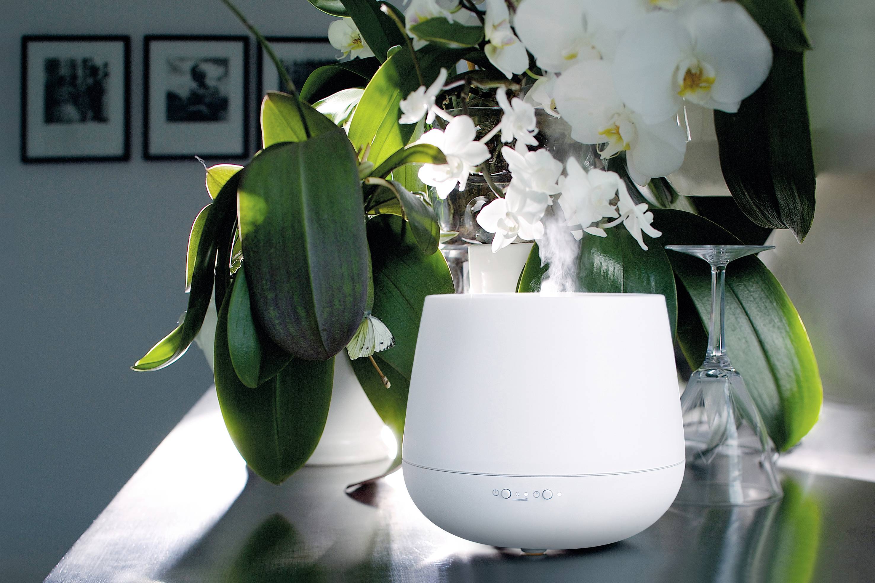 Un humidificateur blanc diffuse de la vapeur à côté d'un vase d'orchidées sur une table avec un éclairage doux en arrière-plan.