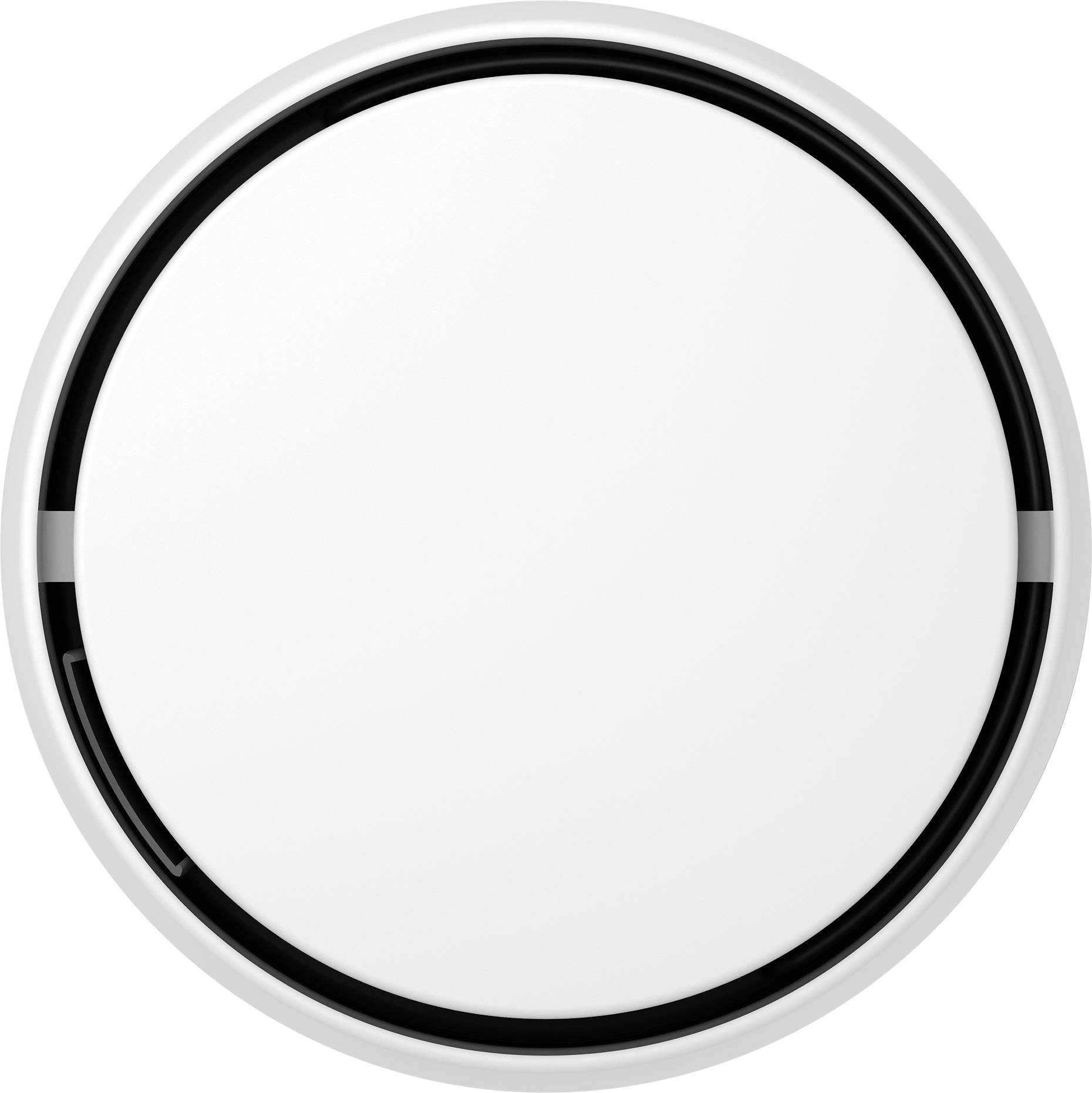 Un bouton blanc, rond et plat avec un bord intérieur noir et deux petites marques noires sur le bord.