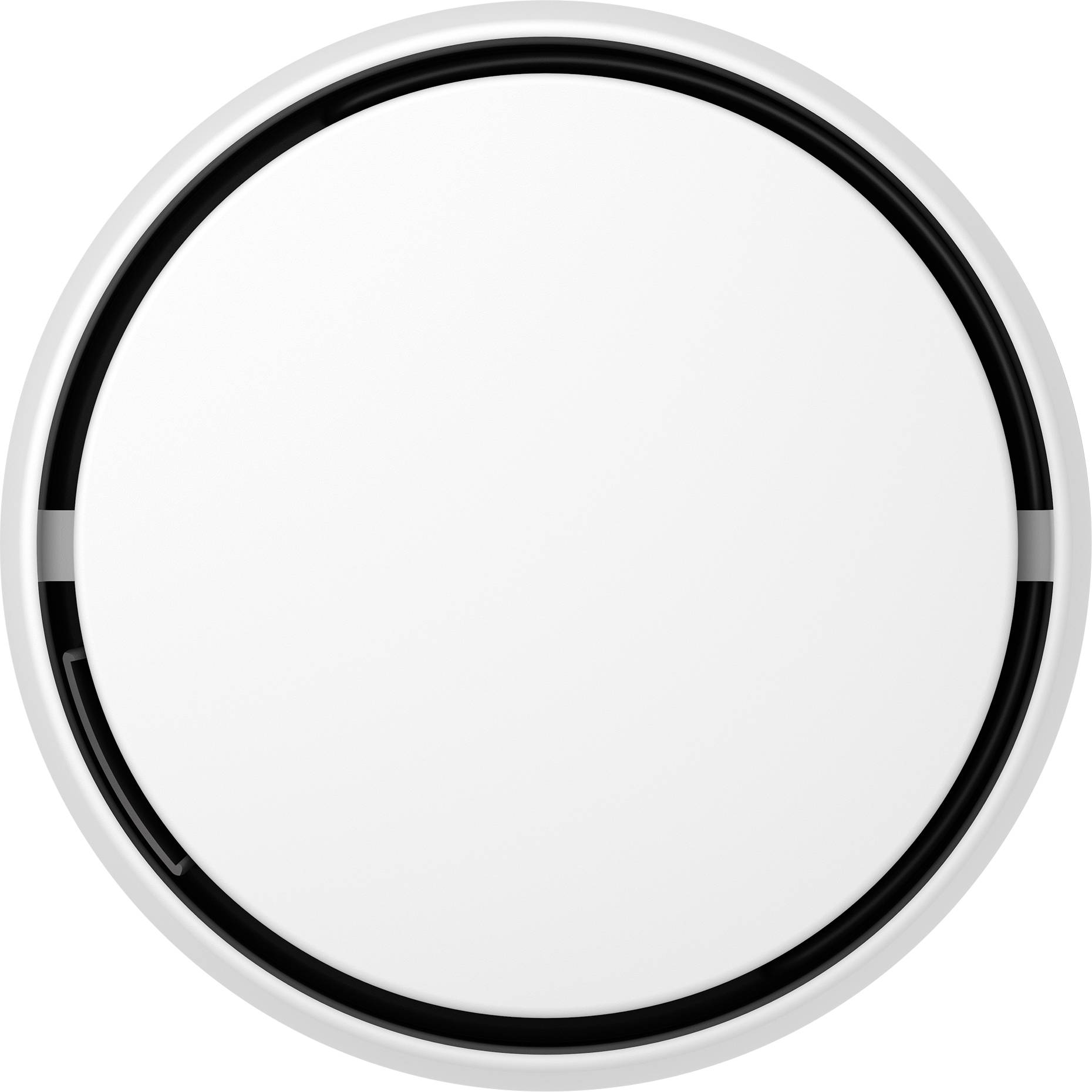 Appareil rond avec un anneau noir et un centre blanc, probablement un haut-parleur ou un capteur.