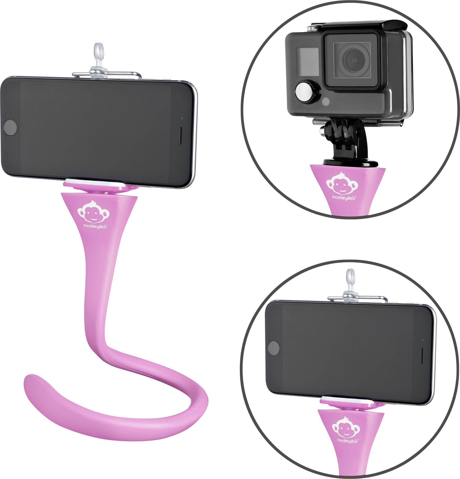 Monkeystick SELMONKEYP Perche à selfie rose Bluetooth, avec support pour smartphone