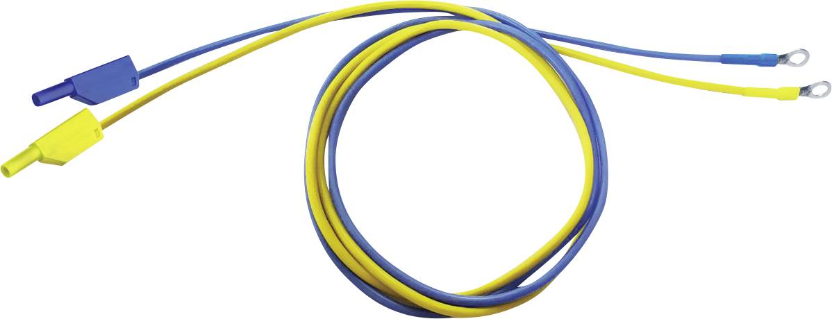 Deux câbles, l'un bleu et l'autre jaune, sont disposés côte à côte. Chacun a une fiche plate à une extrémité et des cosses à l'autre bout.