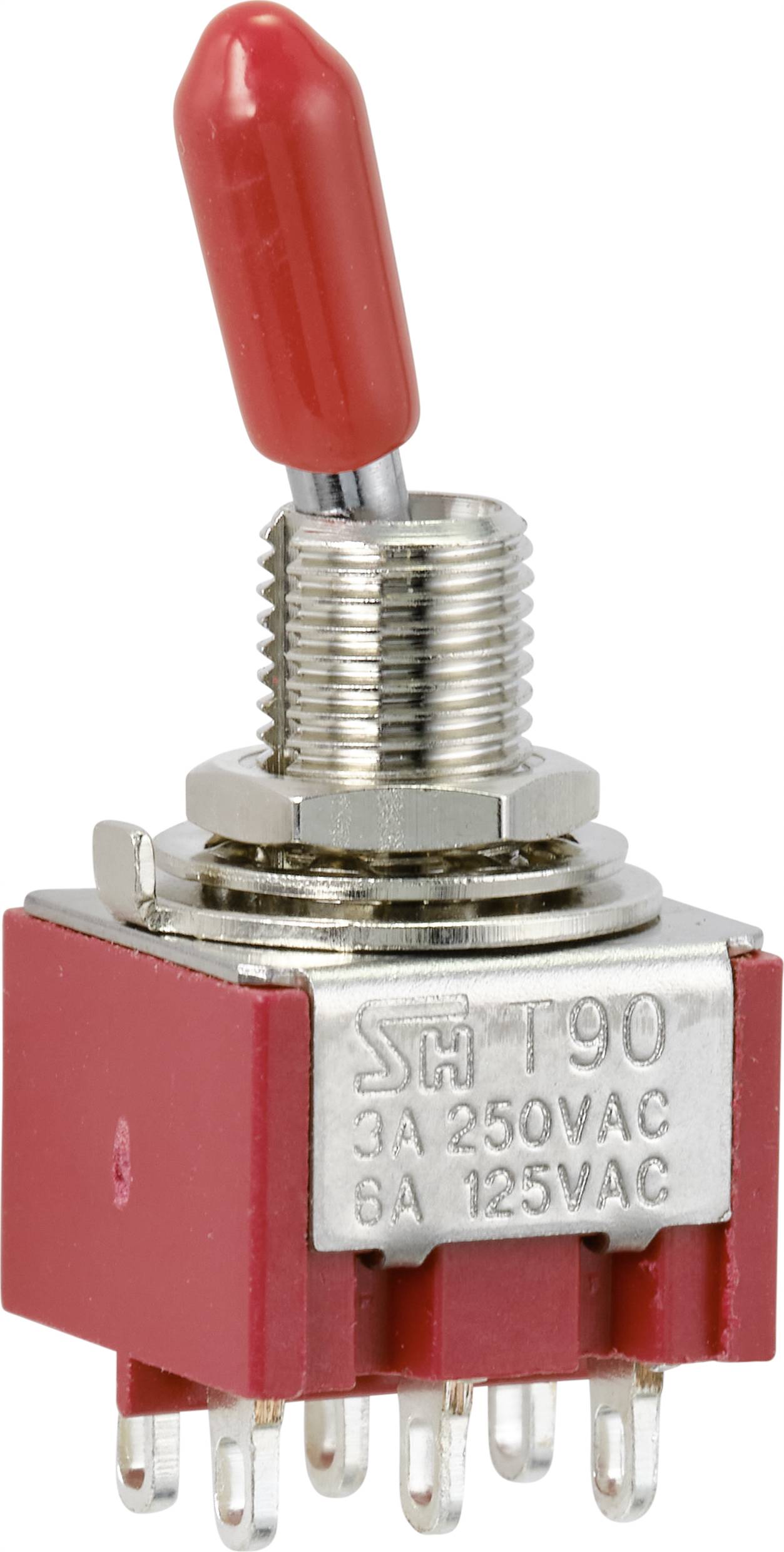 Un interrupteur à bascule rouge avec filetage métallique et plusieurs connexions. Sur la surface métallique, il est inscrit 'T90 3A 250VAC 6A 125VAC'.