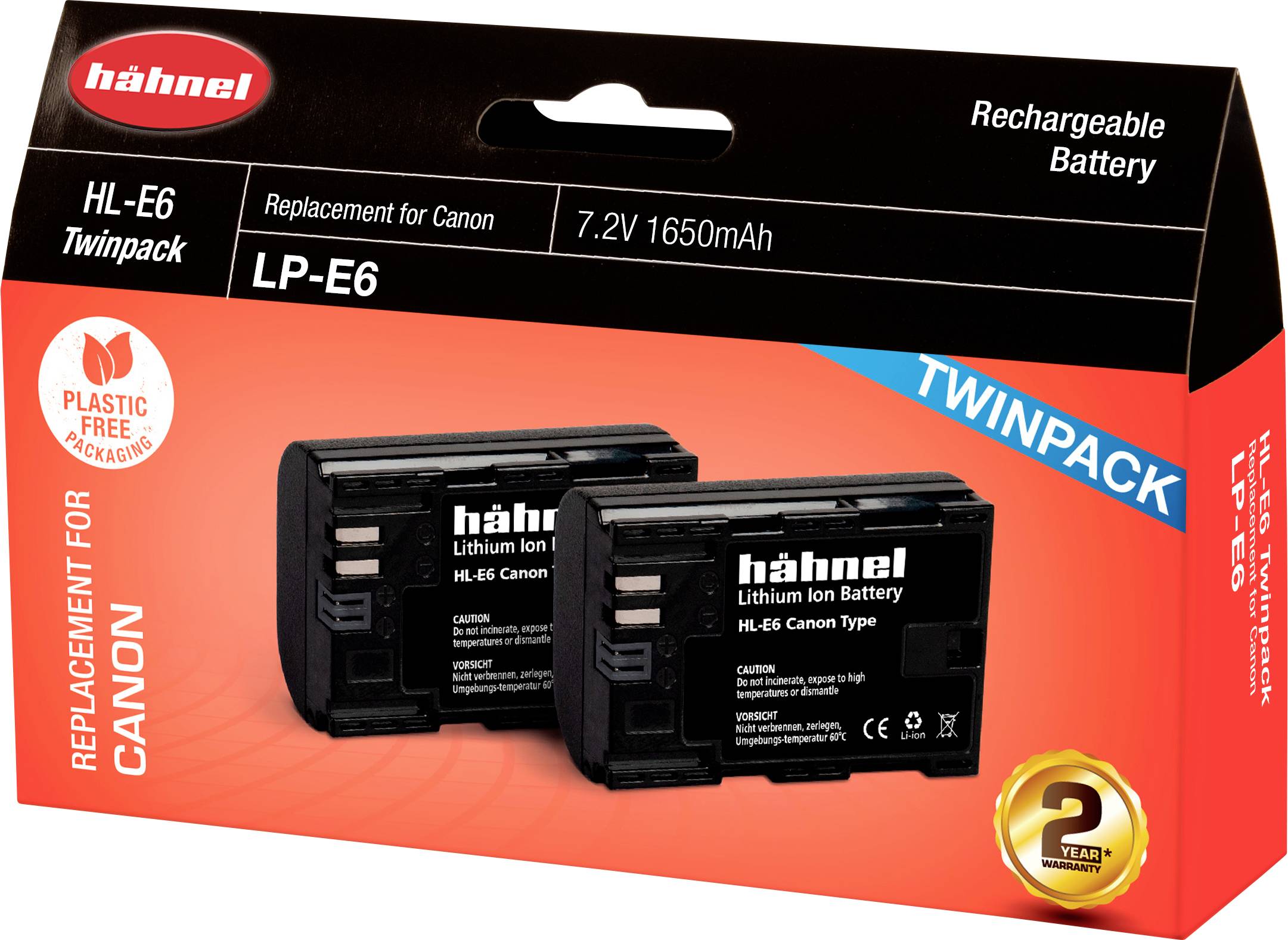 Hähnel Fototechnik HL-E6, 2er Batterie pour appareil photo Remplace l'accu d'origine LP-E6 7.2 V 1650 mAh