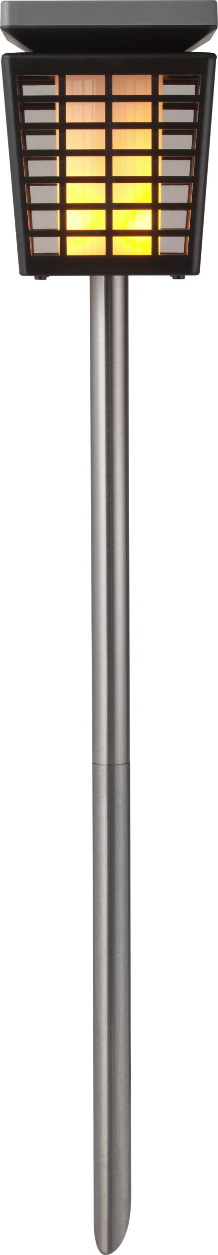 Torche de jardin métallique avec un design en grille noir et une lumière jaune-orange brillante, adaptée à l'éclairage extérieur.