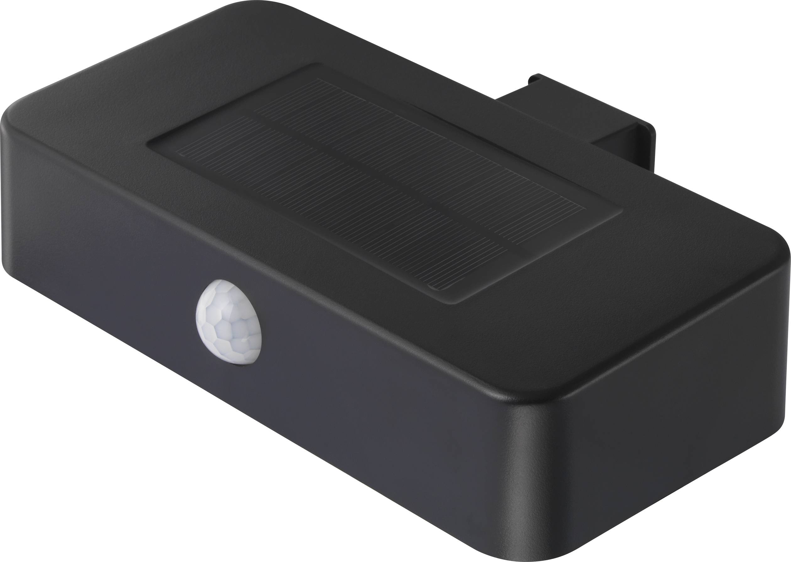 Luminaire extérieur noir alimenté par énergie solaire avec capteur de mouvement à l'avant, de forme rectangulaire, adapté pour une installation murale.