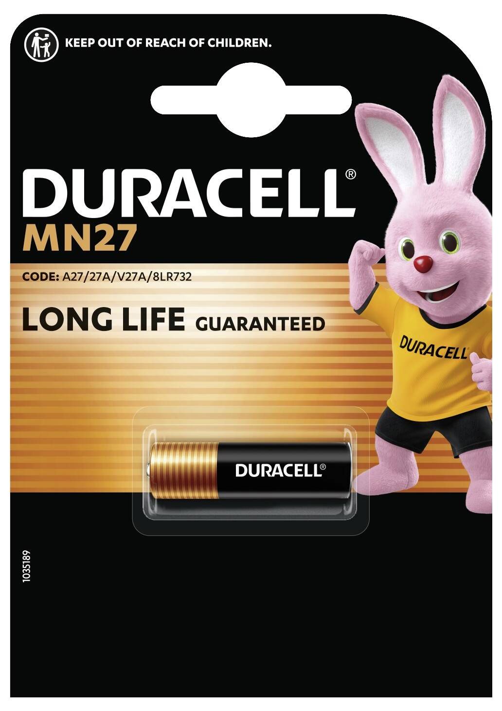 Emballage de pile Duracell MN27 présentant une mascotte de lapin rose. Le texte indique « Longévité garantie ». La pile est affichée sous la mascotte.