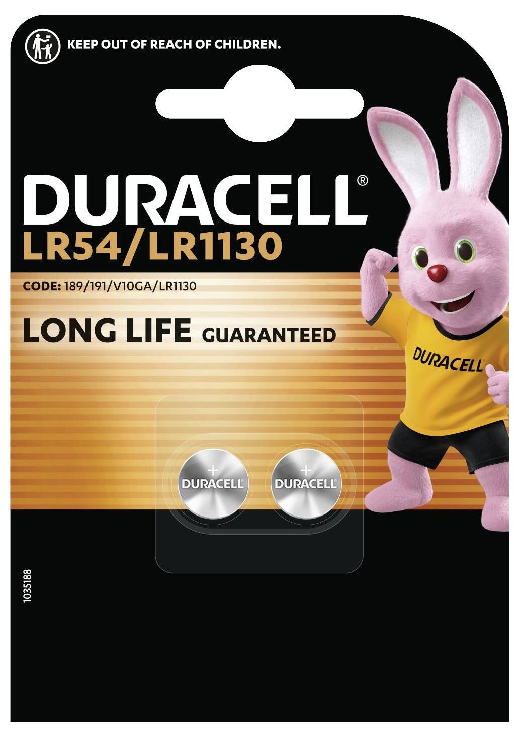 « Paquet de piles DURACELL LR54/LR1130 avec mascotte lapin rose. Texte : « Longévité garantie ». Deux piles argentées présentées. »
