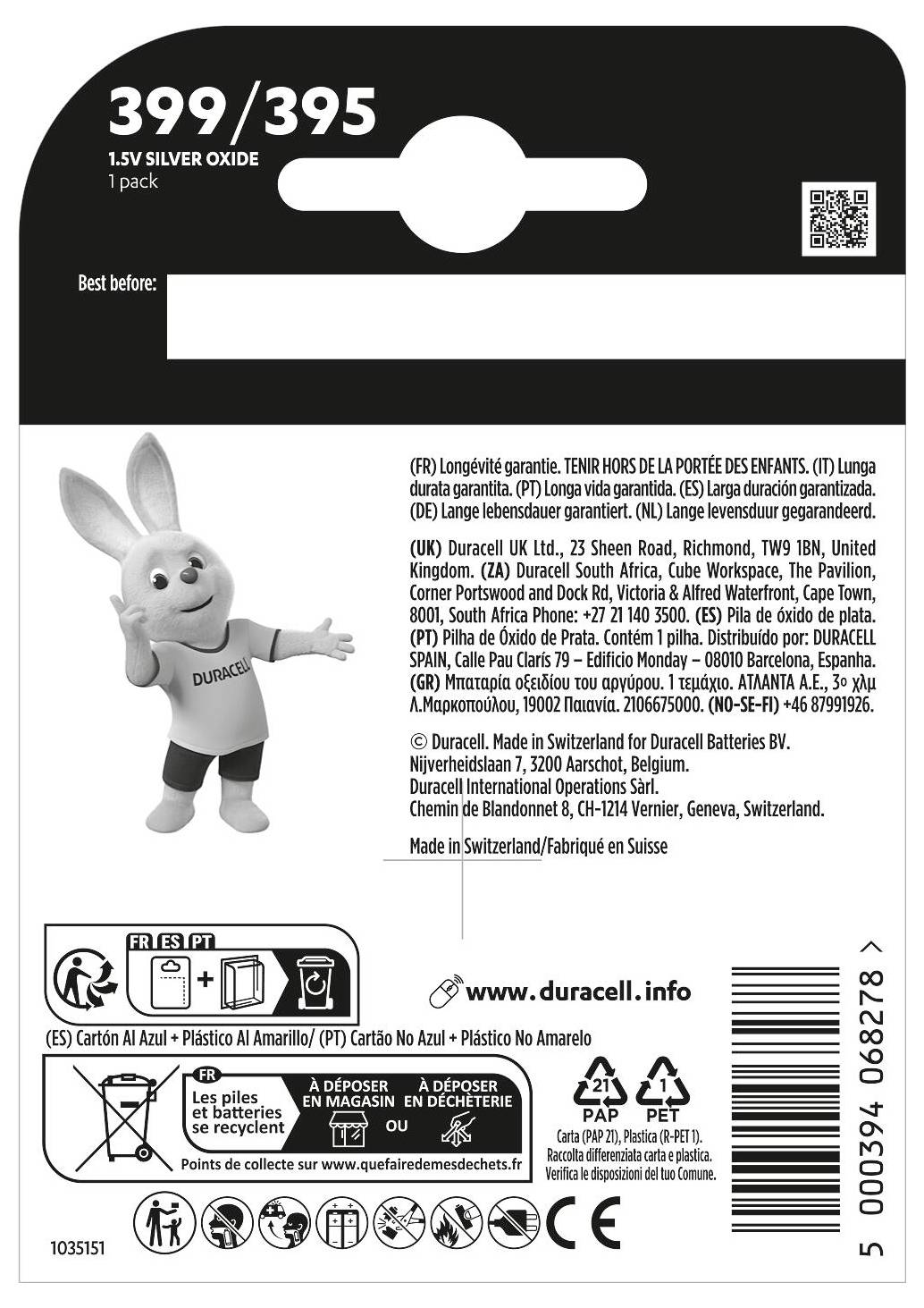 Package back of 'Duracell Silver Oxide Battery' featuring a rabbit mascot. Includes product details, multilingual warranties, and recycling info.