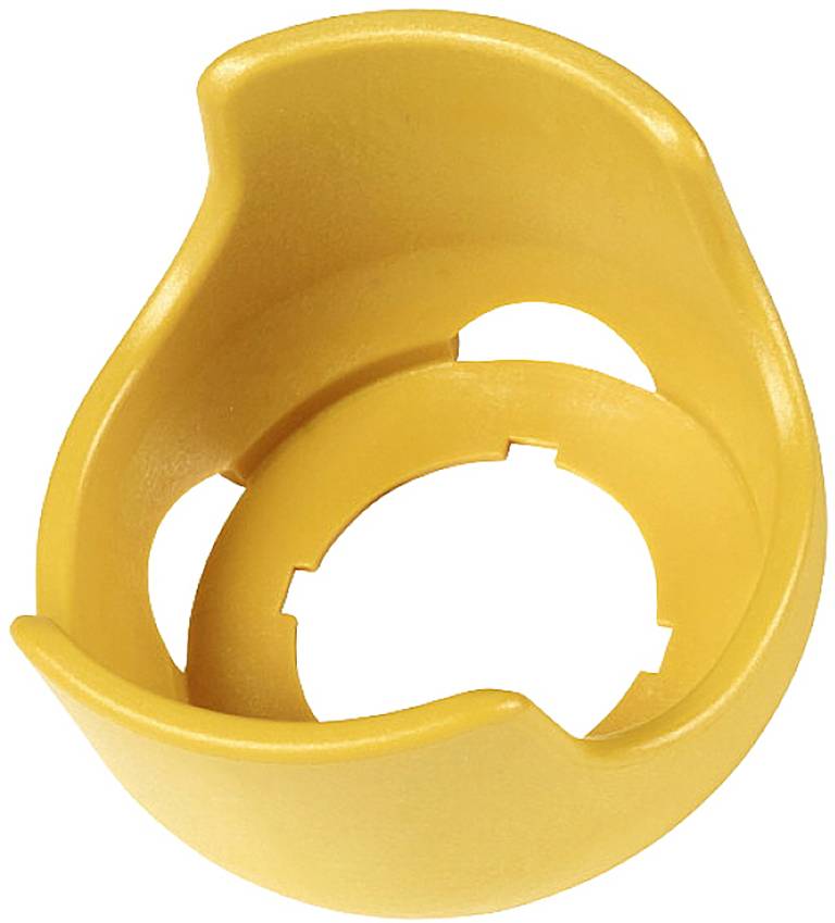 Un morceau de plastique jaune, moulé en forme de demi-coque avec des courbes et un support circulaire intérieur.