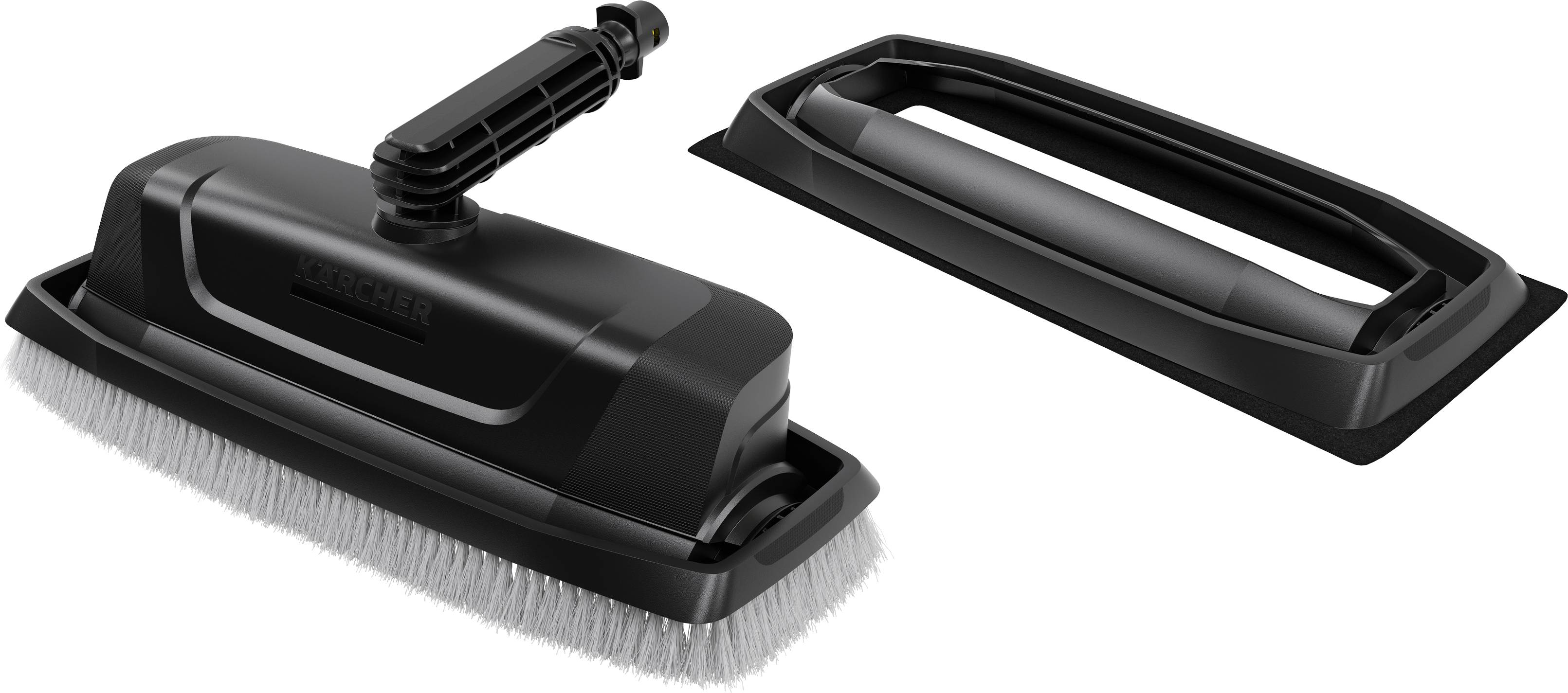 Deux brosses à main noires avec des poignées, l'une avec des poils et l'autre sans. Elles sont conçues de manière ergonomique pour un nettoyage facile.