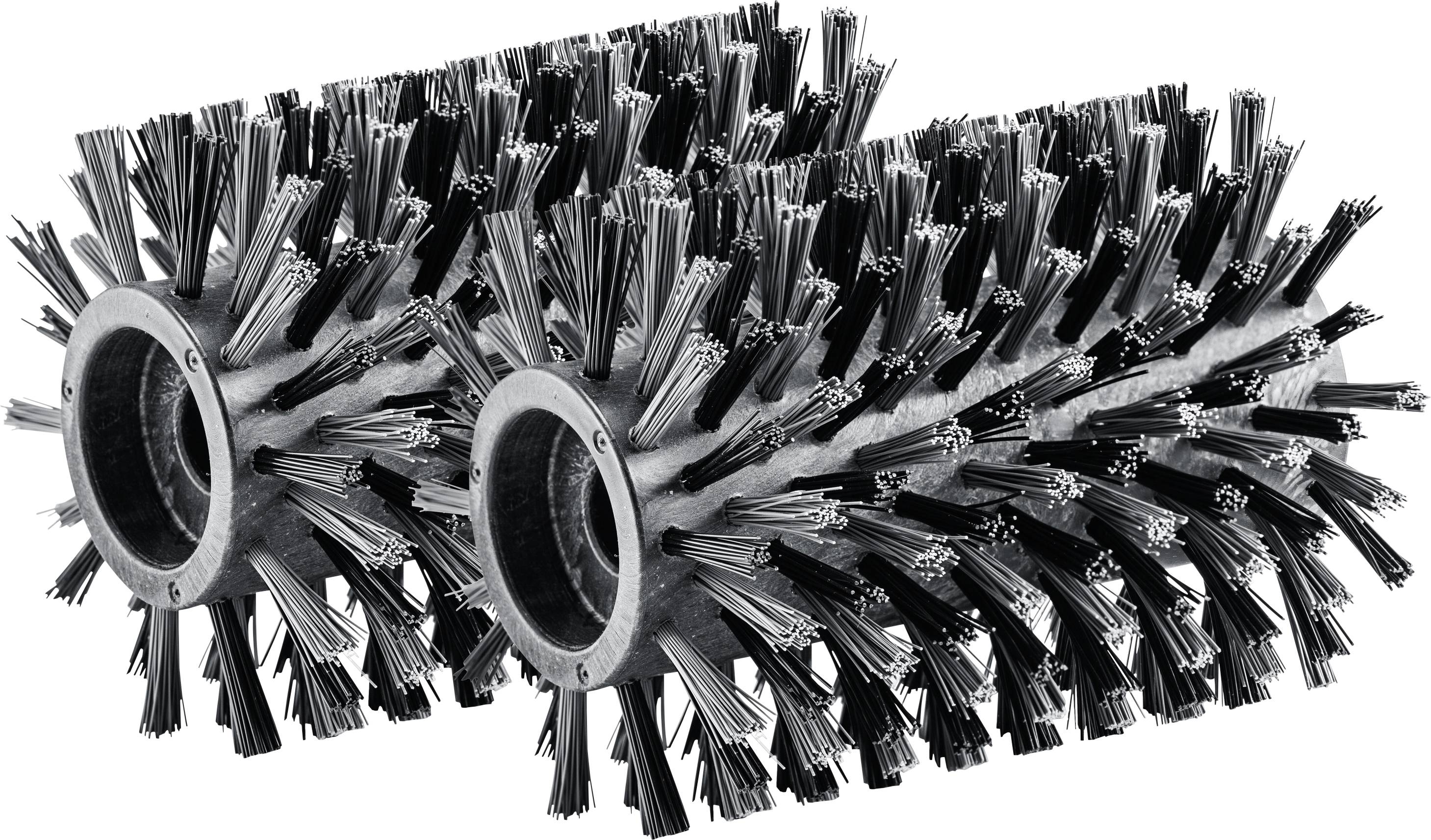 Deux brosses rondes noires avec des centres métalliques vides, pouvant être utilisées pour des machines de nettoyage ou de balayage.