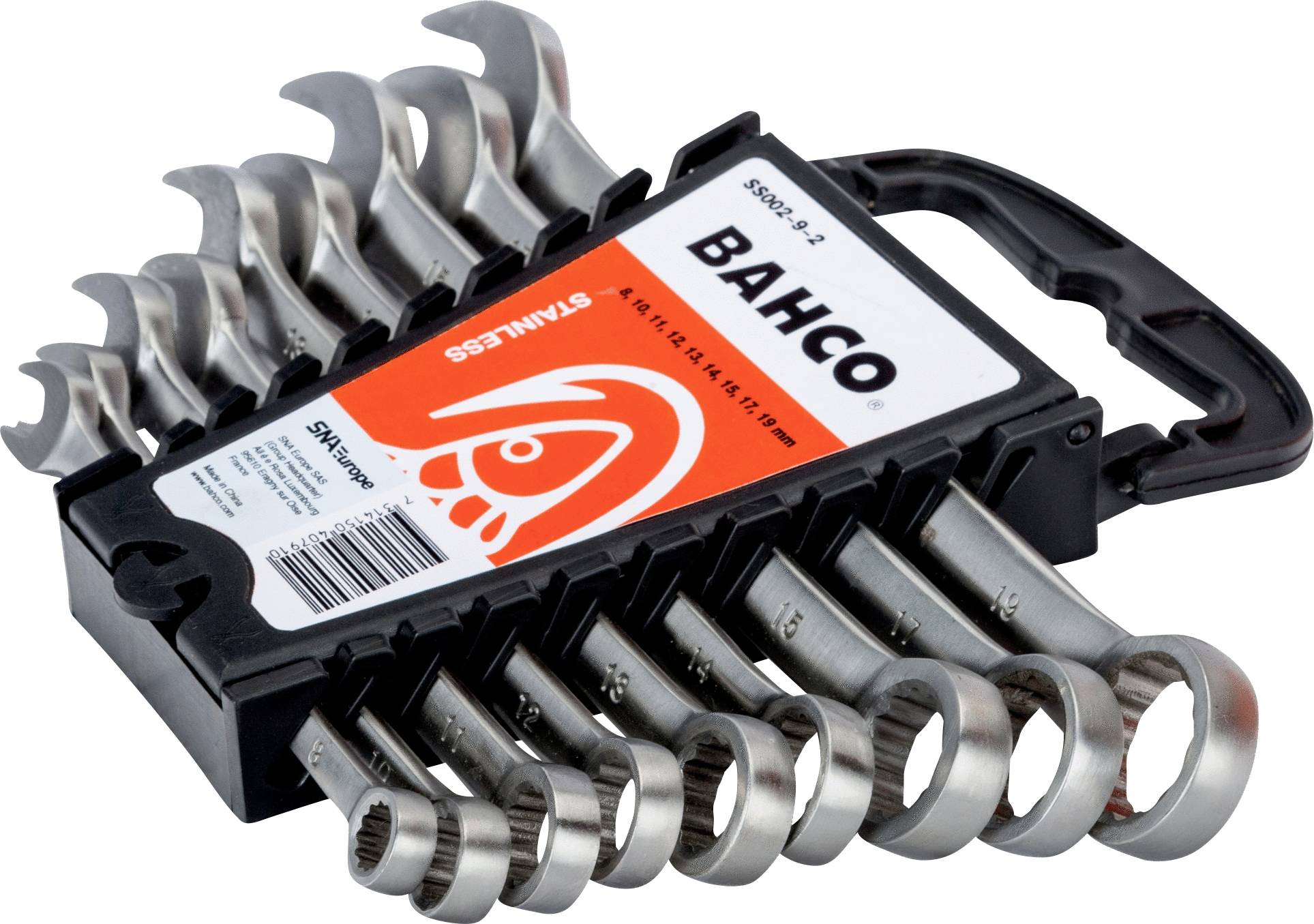 Un ensemble de clés à molette de différentes tailles dans un support en plastique, avec le nom de marque 'Bahco' visible. Kit d'outils pour besoins artisanaux.
