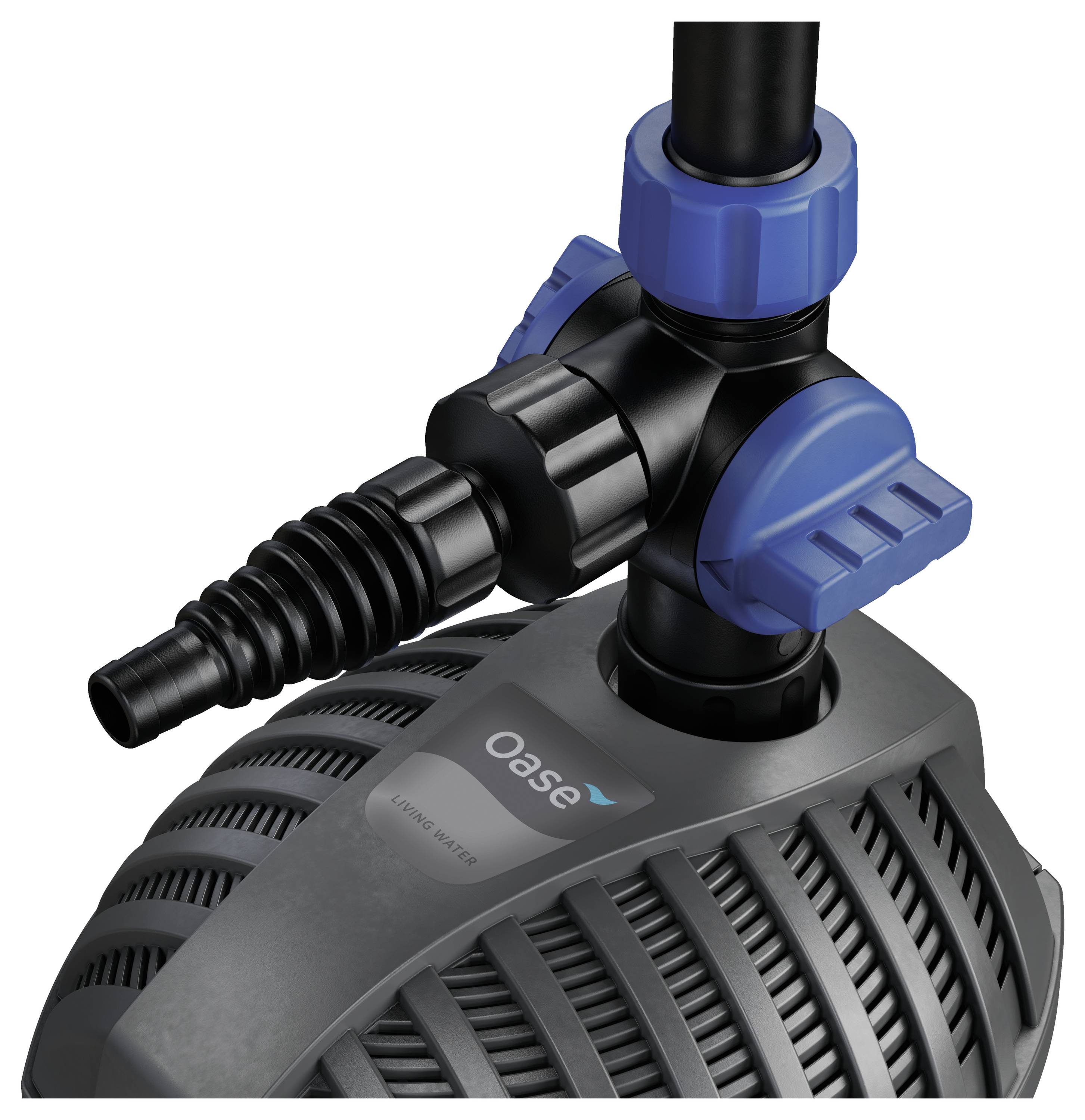 Une pompe à eau grise et noire avec des raccords de vanne bleus, portant la marque « Oase ». Le design présente une texture rainurée et des connexions de tuyau.