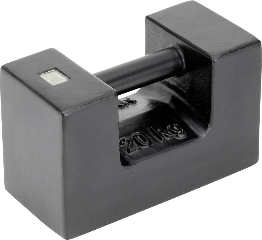 Poids métallique noir portant la gravure '20 kg' sur le côté, de forme rectangulaire avec une poignée au centre permettant de le soulever.