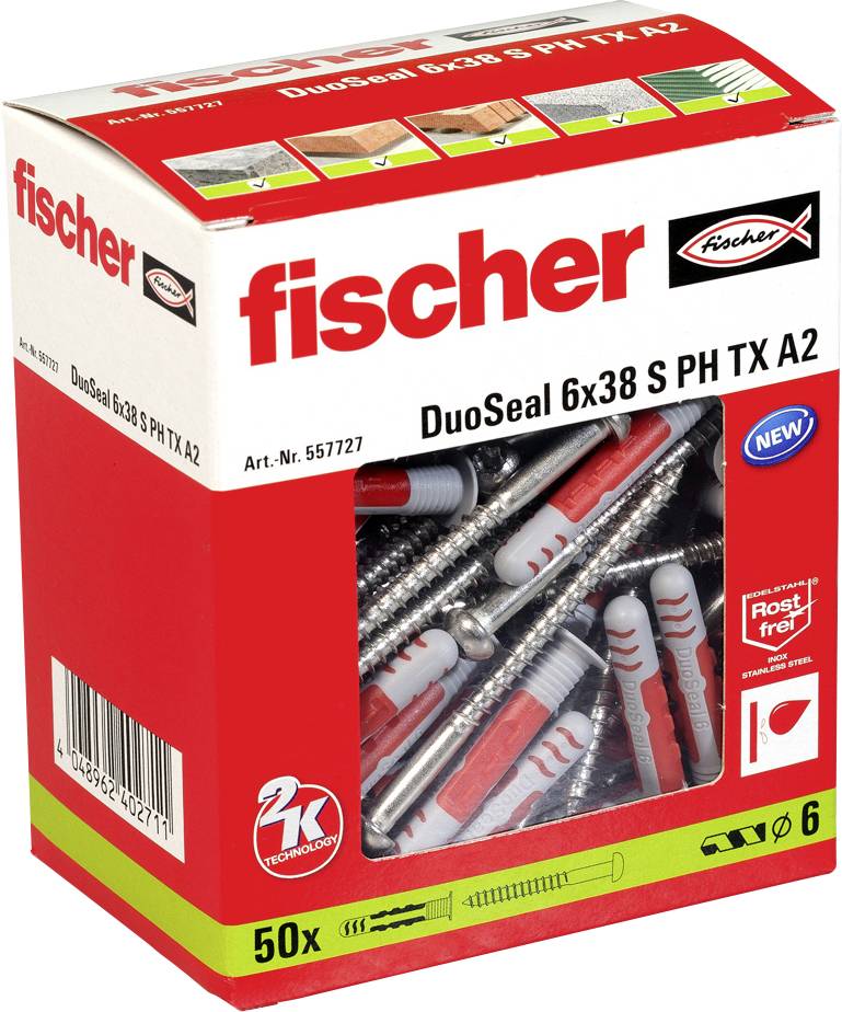 Emballage fischer DuoSeal 6x38 S PH TX A2 : Contient 50 vis et chevilles en acier inoxydable, taille 6x38 mm, adaptées à diverses applications.