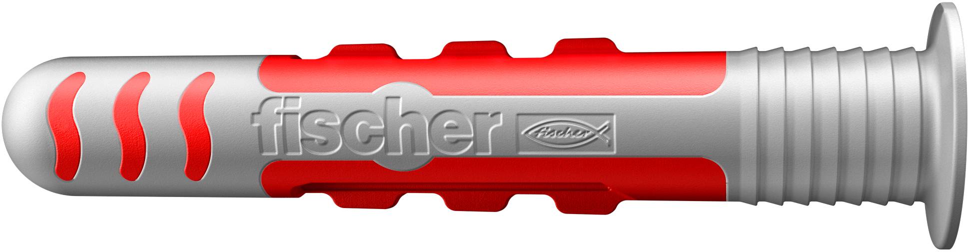 Chevilles en plastique grise et rouge de fischer, pour fixation dans les murs. Design strié pour une meilleure adhérence.