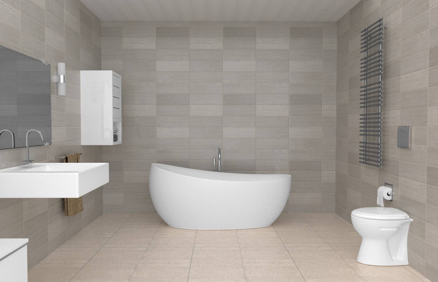 Ein modernes Badezimmer mit einer freistehenden weißen Badewanne in der Mitte, mit einem wandmontierten Waschbecken und einer Toilette auf gegenüberliegenden Seiten.