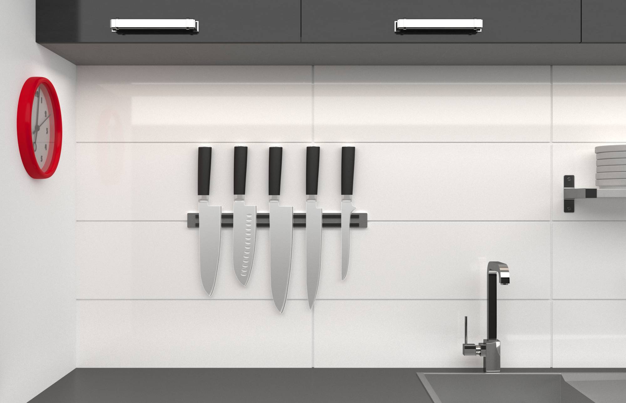 Kitchen wall with knives on a magnetic strip, red clock, and sink.