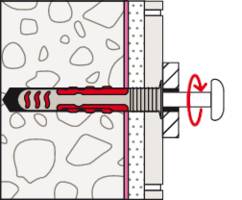 Diagram showing a wall anchor being installed. The screw is being turned clockwise to expand the anchor, securing it in place.