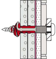 Querschnittdiagramm einer Schraube in Schichten: graue, gepunktete Schicht oben, dicke weiße Schicht darunter, rote Form um eine Metallschraube.