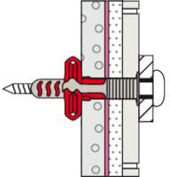 Cross-section diagram of a wall installation showing a screw secured with a red toggle bolt anchor expanding behind the wall.