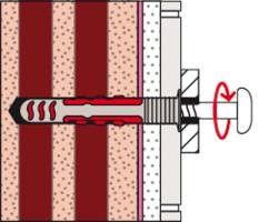Diagram showing a screw being inserted into a wall with an anchor. The anchor expands to secure the screw as it is turned clockwise.