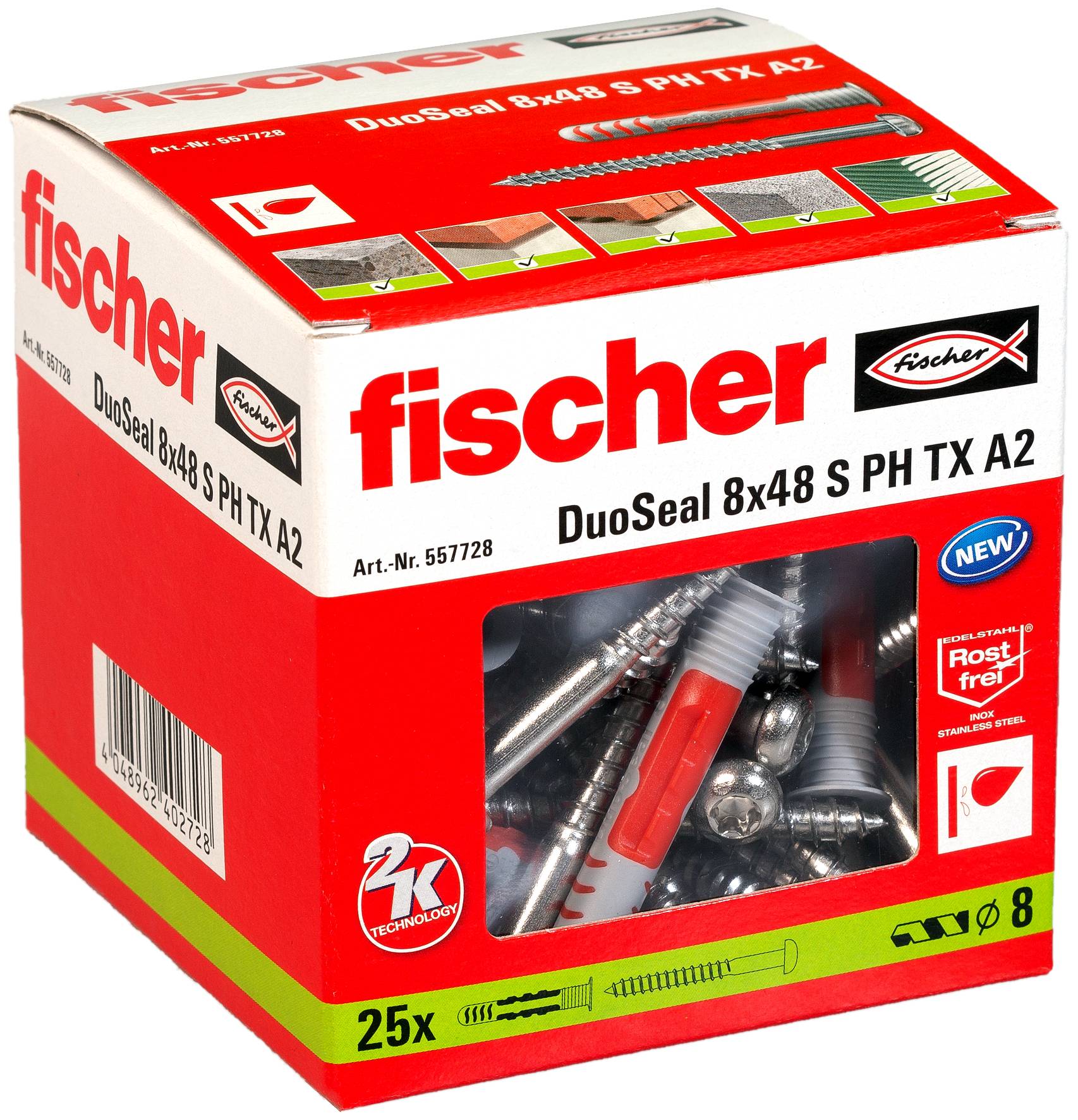 Boîte à outils rouge étiquetée 'fischer Systainer DuoLine 713X' contenant des forets et un outil, suggérant un ensemble d'outils professionnel pour les tâches de construction ou de réparation.
