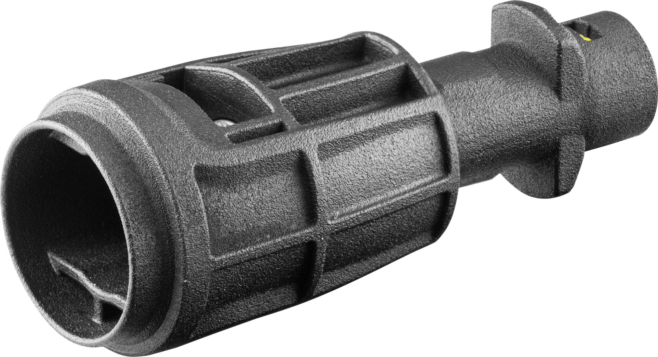 Connecteur noir en plastique rainuré avec ouverture cylindrique, représenté en légère vue de côté sur fond blanc.