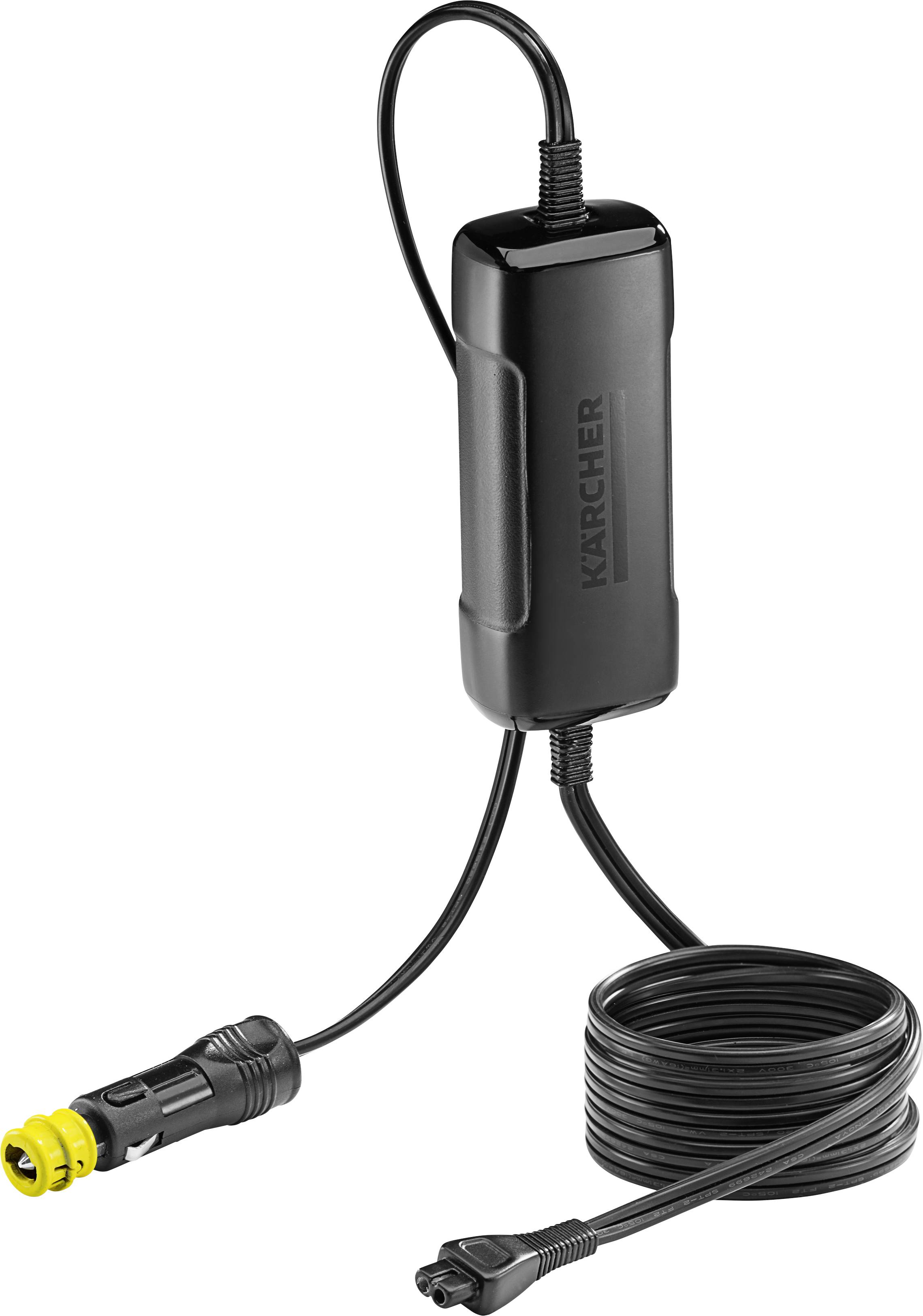 Chargeur noir et jaune avec câbles, adapté aux connexions de périphériques spécifiques. Le nom de la marque est visible sur le boîtier principal.