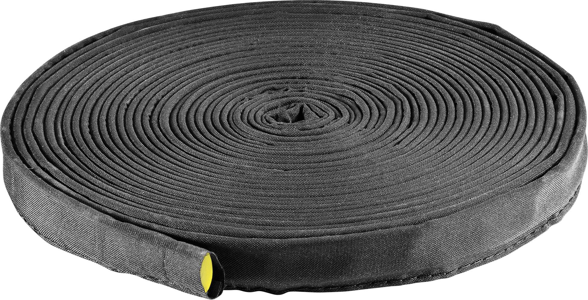 Un tuyau enroulé noir avec un intérieur jaune, représenté sur un fond clair.