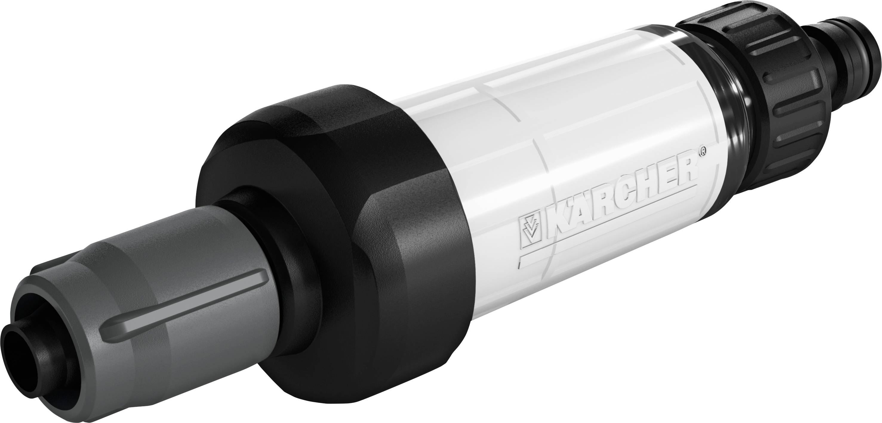 Un adaptateur noir et argenté de Kärcher pour tuyaux d'arrosage, permettant de connecter différents types de tuyaux.