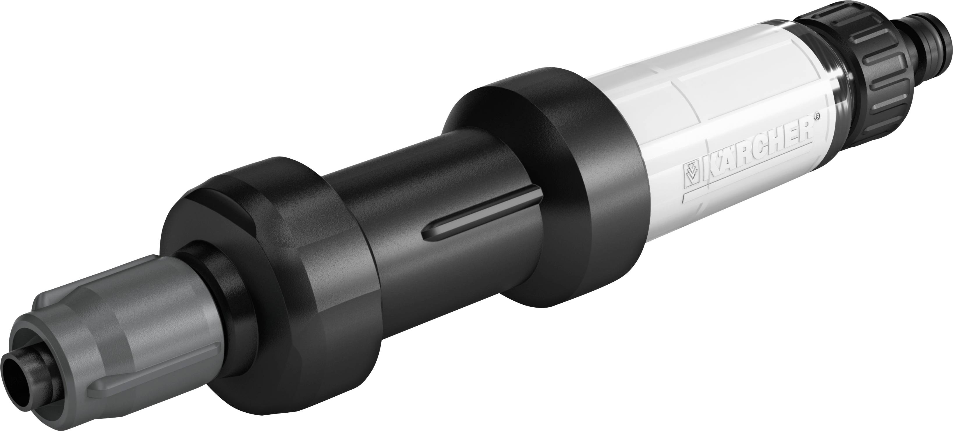 Un embout de nettoyeur haute pression noir et argenté avec un grand raccordement et une extrémité étroite, adapté aux appareils de nettoyage.