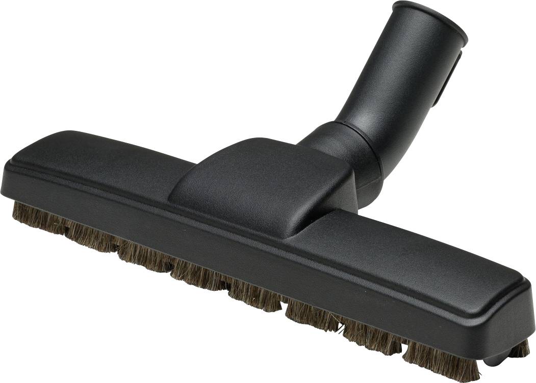 Brosse d'aspirateur noire avec des poils, utilisée sur des surfaces dures pour éliminer efficacement la saleté.