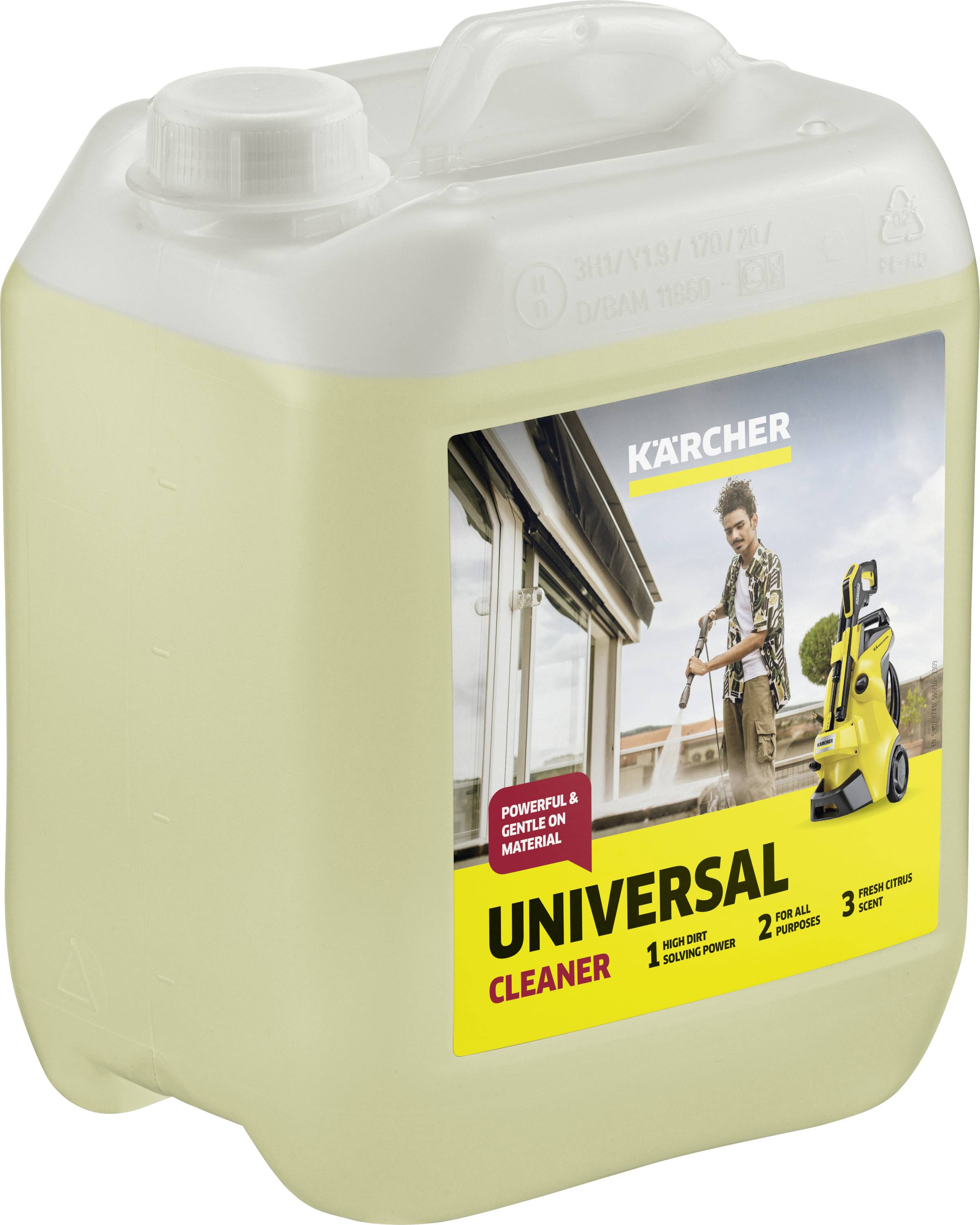 Bidon jaune portant l'inscription 'Kärcher Nettoyant Universel RM 555'. Adapté pour la maison et le jardin avec une formule innovante.