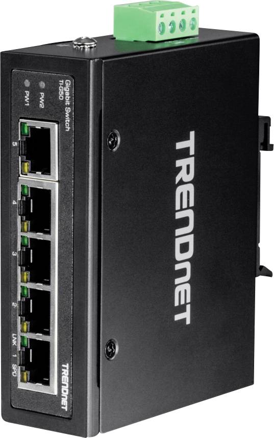Un commutateur Ethernet TRENDnet noir à cinq ports avec une prise d'alimentation verte, adapté aux applications industrielles.