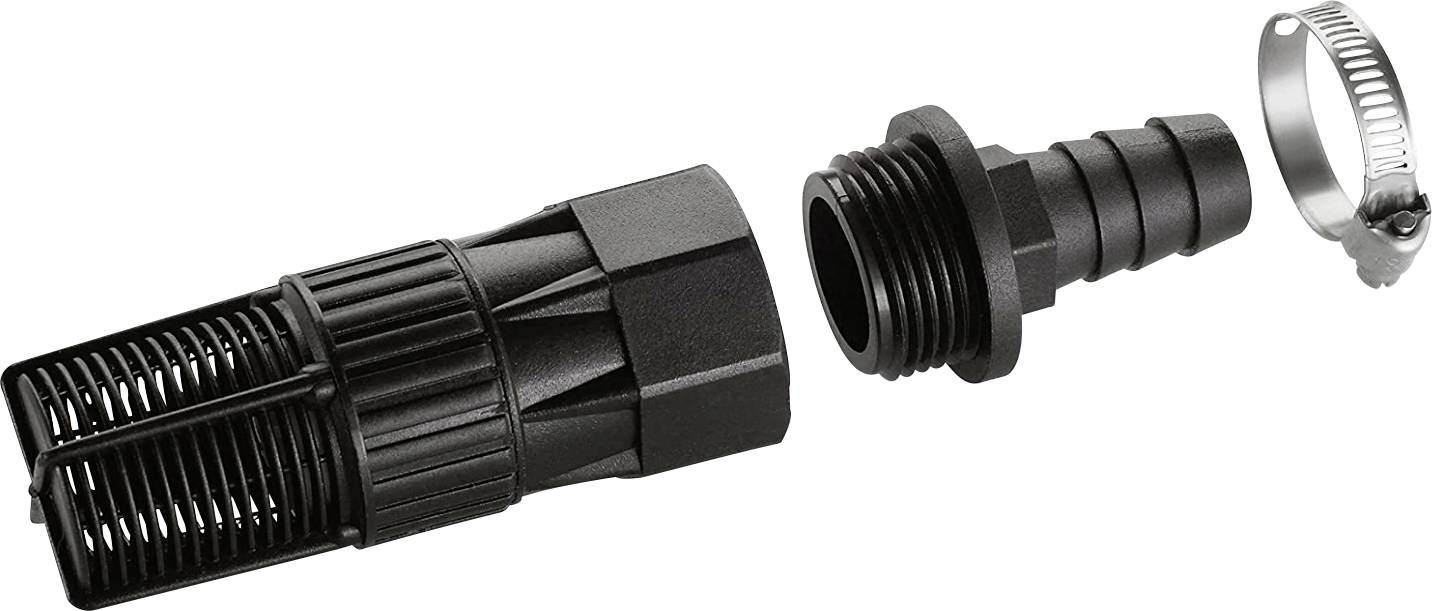 Raccord en plastique, composé d'un tamis, d'un embout de tuyau et d'un collier de serrage, à l'état démontré.