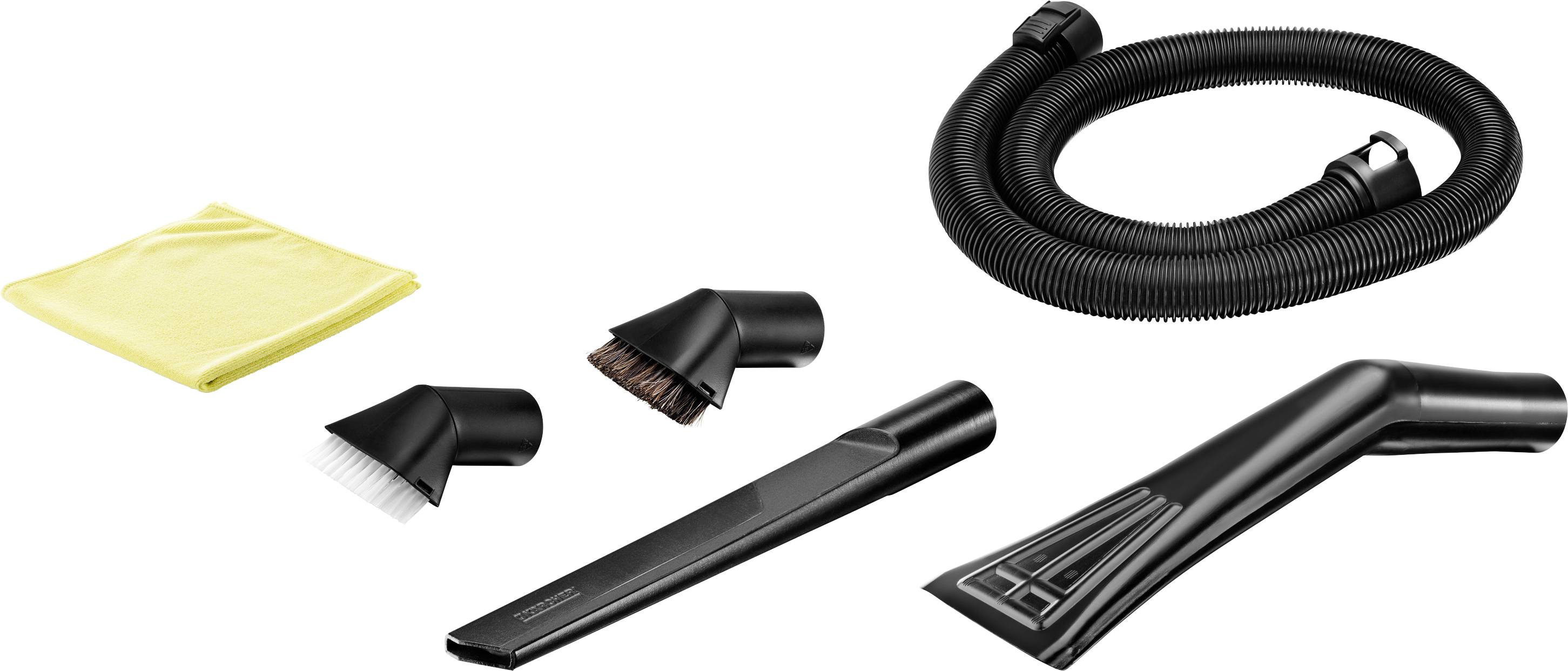 Ensemble d'accessoires d'aspirateur : un tuyau flexible, quatre embouts différents et un chiffon de nettoyage jaune.